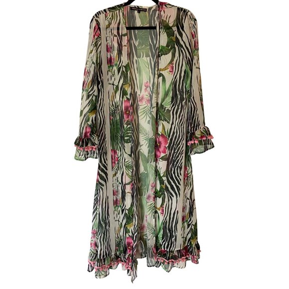 America & Beyond Tropical Zebra Print Kimono Cardigan With Pom Pom Trim Large - Picture 1 of 11